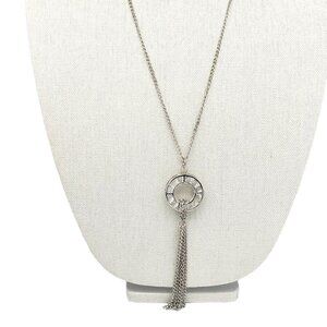 Encased Crystals Circle Pendant Necklace Silver Tones Modern Tassel Versatile